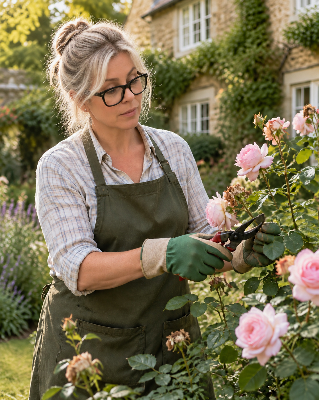 Paula George, RHS-qualified gardener, pruning roses in an English cottage garden