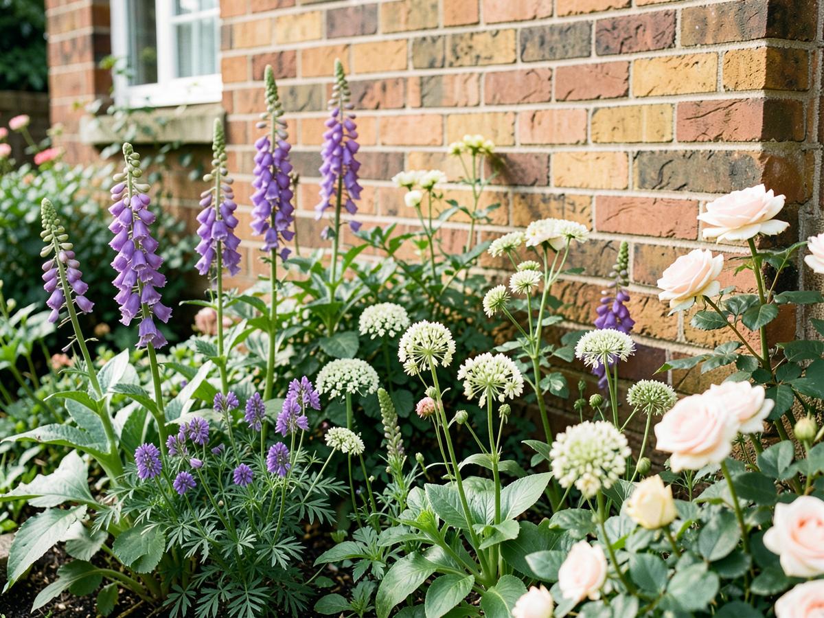 Cottage garden border with foxgloves, alliums and roses against a brick wall