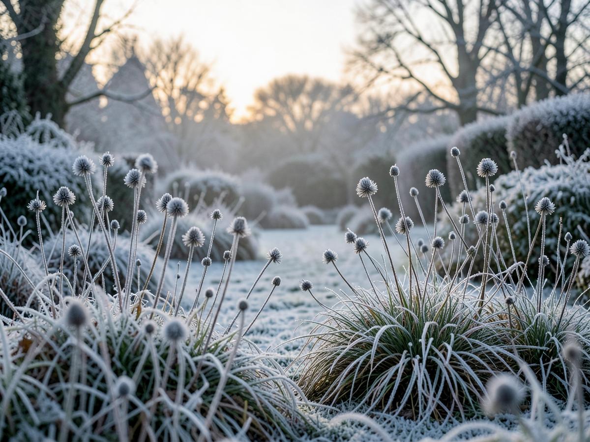 Frosted seedheads and grasses in an English garden at dawn
